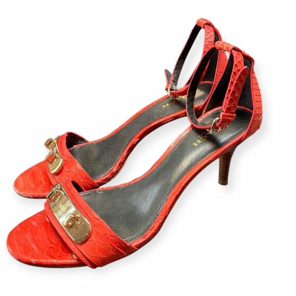 VINTAGE COACH Women’s Red Orange Embossed Leather Ankle Strap Heels Size 7 - Picture 4 of 6